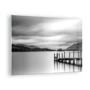 Schilderen op glas - Zwart-wit landschap met een meer en een houten pier - 70x50cm - Zachtheid en kracht - Moderne wanddecoratie voor woonkamer en slaapkamer ARTTOR