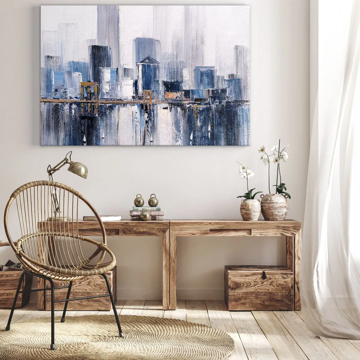 Schilderen op canvas - Abstract stadsgezicht met tinten blauw en geel - 70x50cm - New Yorkse impressie - Moderne wanddecoratie voor woonkamer en slaapkamer ARTTOR