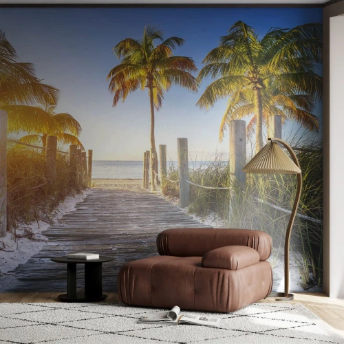 Fotobehang Premium Canvas - Rechtstreeks naar het paradijs - Landschap, Kokospalm, Strand - 450x315 cm