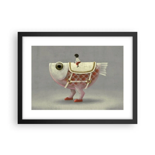 Poster in een zwarte lijst - Ruiter op een surrealistische vis - 40x30 cm
