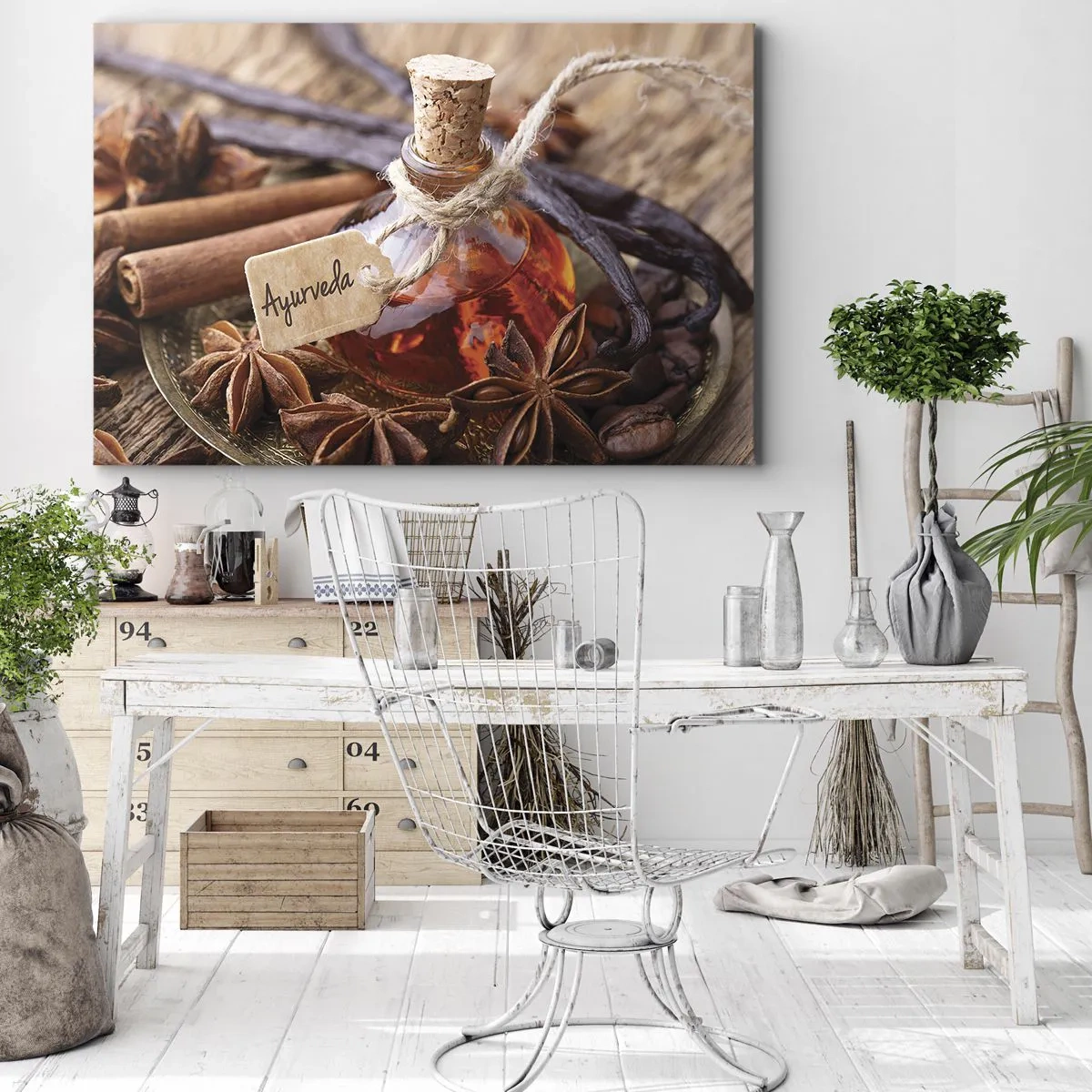 Schilderen op canvas - Een flesje kruidenolie op een dienblad - 70x50cm - Naar de eenheid van lichaam en geest - Moderne wanddecoratie voor woonkamer en slaapkamer ARTTOR