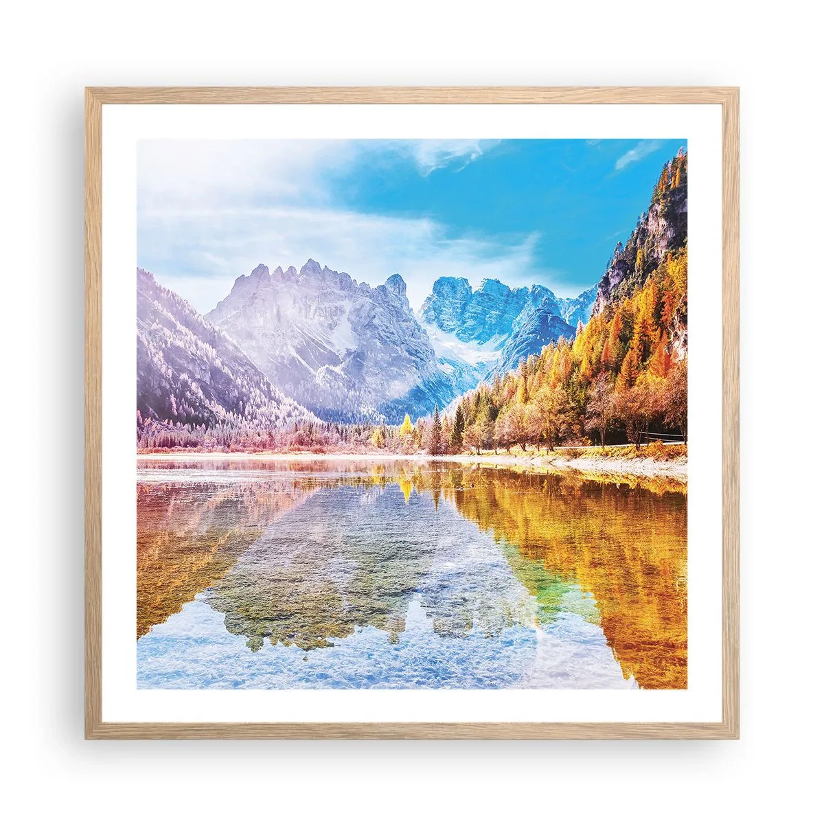 Een poster in een licht eiken lijst - En het is al herfst in de bergen - 60x60 cm