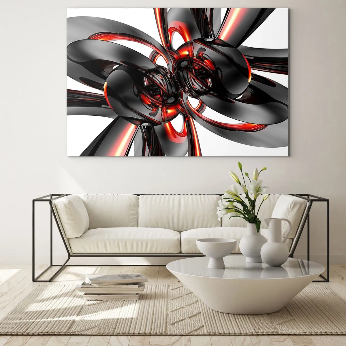 Schilderen op glas - Moderne abstractie in zwart en rood - 70x50cm - Beweging in grafiet en rood - Moderne wanddecoratie voor woonkamer en slaapkamer ARTTOR