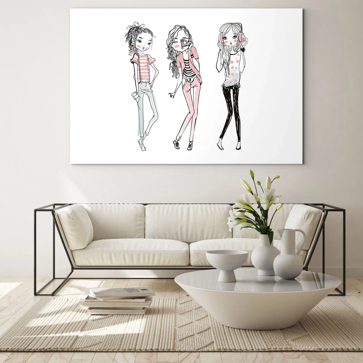 Schilderen op glas - Drie stijlvolle meisjes in pastelkleuren - 70x50cm - Het zal zijn, het zal leuk zijn - Moderne wanddecoratie voor woonkamer en slaapkamer ARTTOR