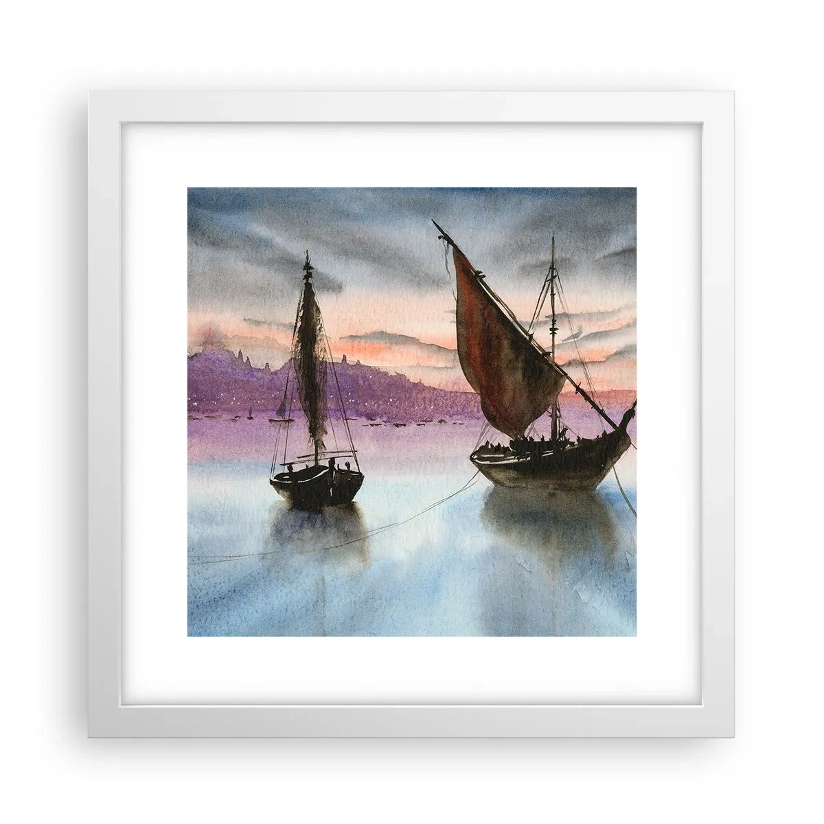 Poster in een witte lijst - Avond in de haven - 30x30 cm
