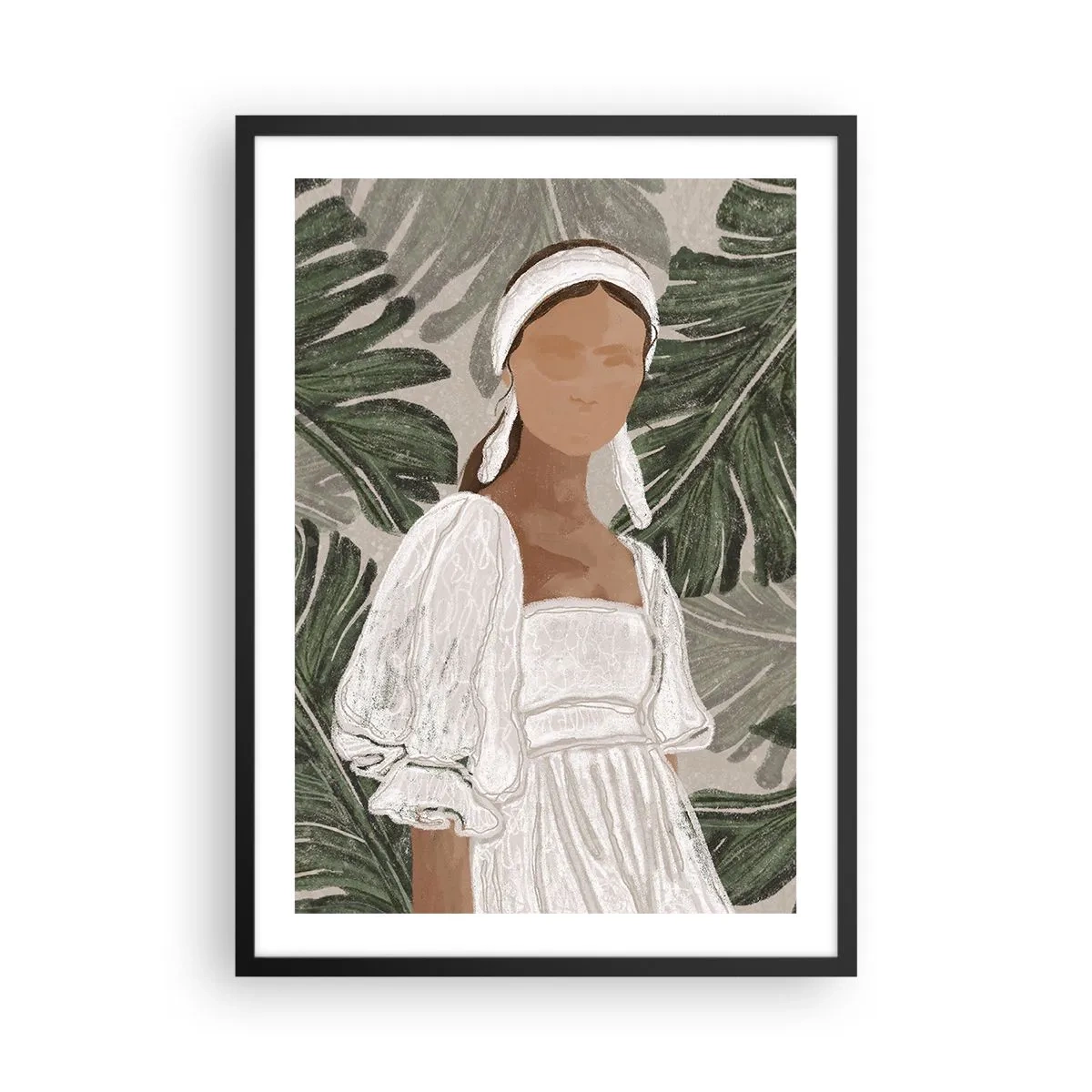 Poster in een zwarte lijst - Een vrouw in een witte jurk tegen een achtergrond van groene bladeren - 50x70cm - Exotisch portret - Moderne wanddecoratie voor woonkamer en slaapkamer ARTTOR