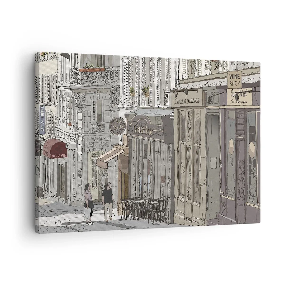 Schilderen op canvas - Illustratie van een stadsstraat met cafés en winkels - 70x50cm - Stadsvreugde - Moderne wanddecoratie voor woonkamer en slaapkamer ARTTOR