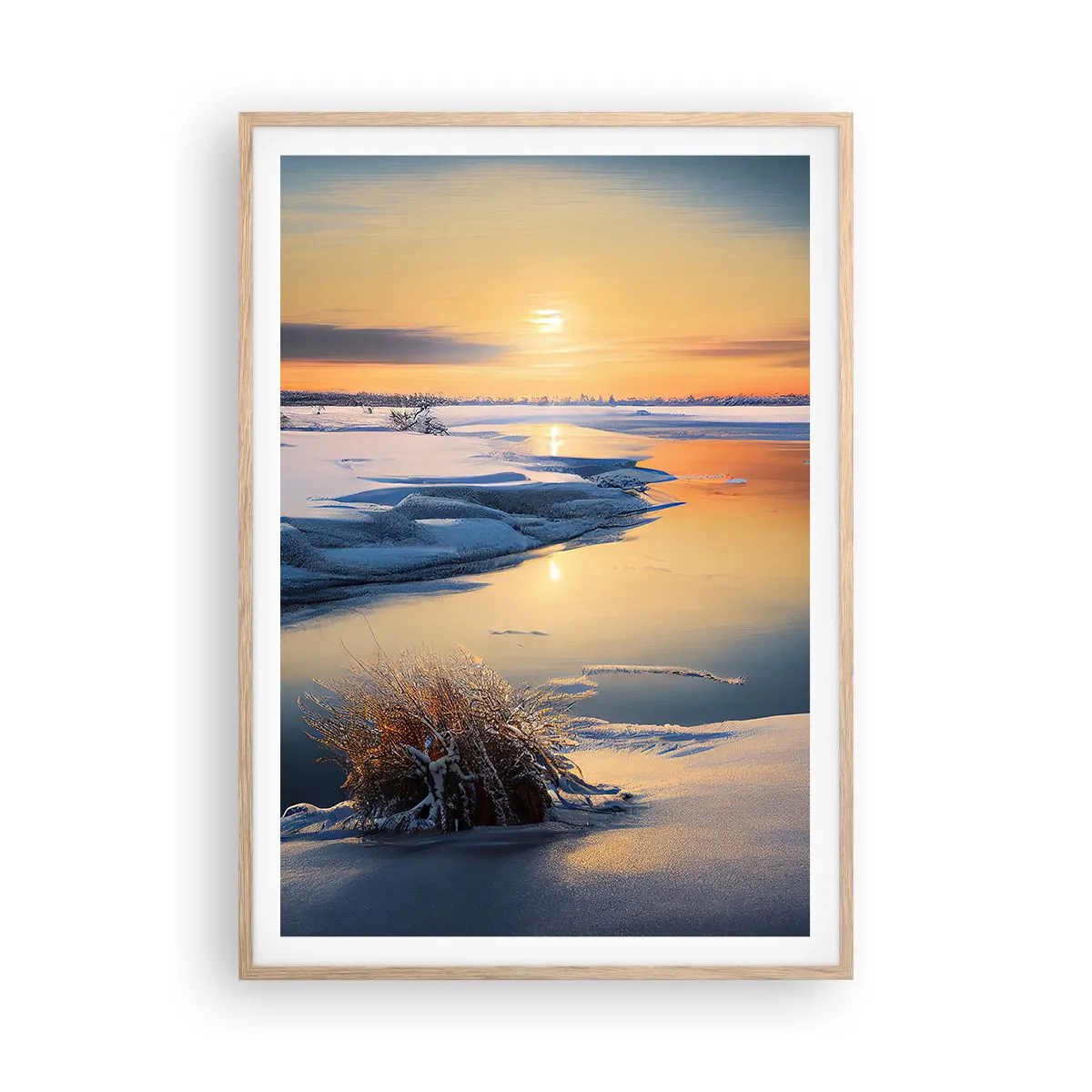 Een poster in een licht eiken lijst - Winterse zonsondergang - 70x100 cm