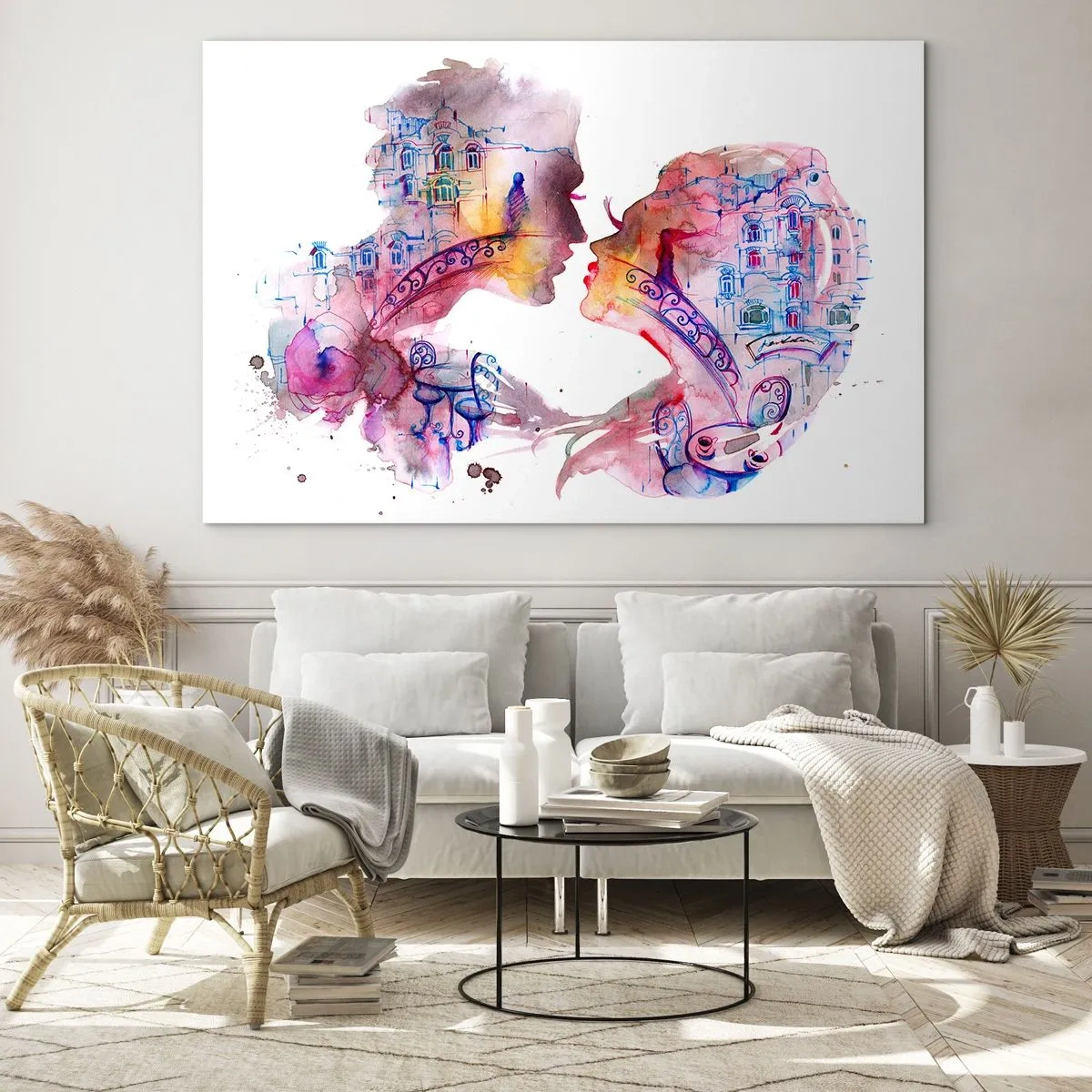 Schilderen op glas - Illustratie van een abstract portret van twee mensen in de vorm van een hart - 70x50cm - De geheime brug van zuchten - Moderne wanddecoratie voor woonkamer en slaapkamer ARTTOR