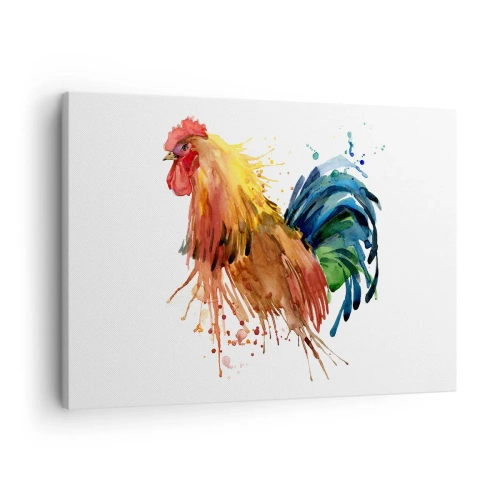 Schilderen op canvas - Kleurrijke haan in aquarelstijl - 70x50cm - Koninklijk gewaad, koninklijke trots - Moderne wanddecoratie voor woonkamer en slaapkamer ARTTOR