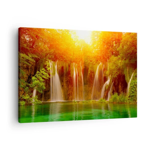 Schilderen op canvas - Watervallen omgeven door groen in de gloed van de ondergaande zon - 70x50cm - In de zon en in de schaduw - Moderne wanddecoratie voor woonkamer en slaapkamer ARTTOR
