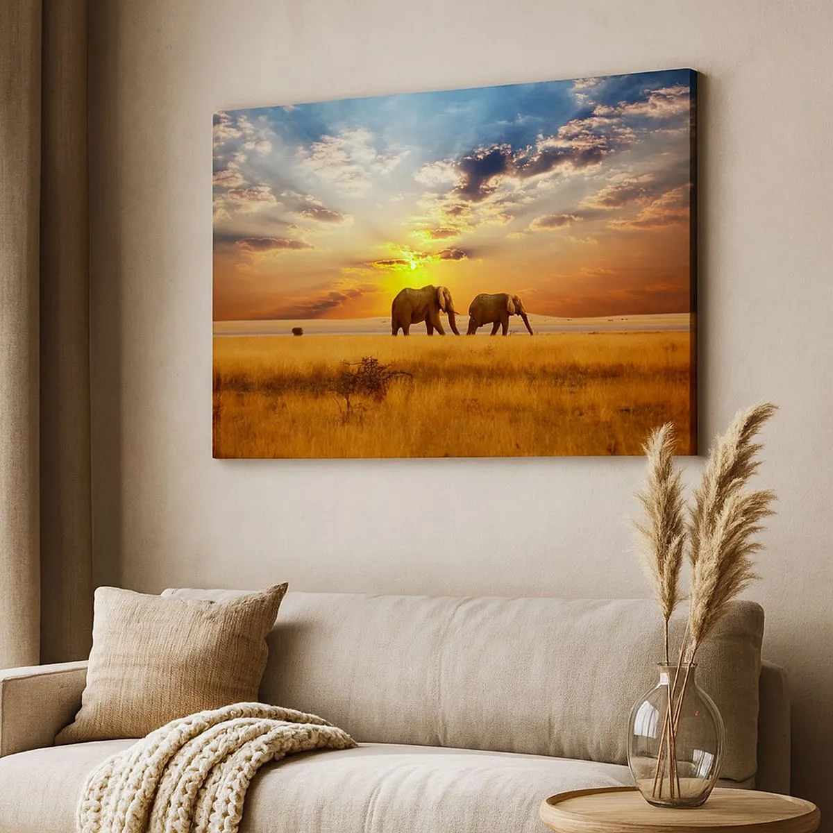 Schilderen op canvas - Olifanten op de savanne bij zonsondergang - 70x50cm - Familie wandeling - Moderne wanddecoratie voor woonkamer en slaapkamer ARTTOR