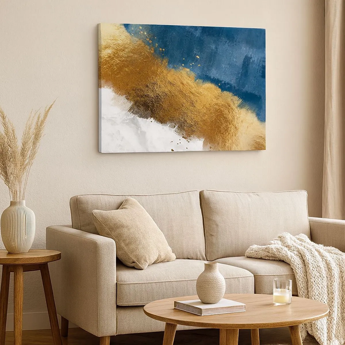 Schilderen op canvas - Een abstracte compositie in tinten goud, blauw en wit. - 70x50cm - De kleuren van de zomer - Moderne wanddecoratie voor woonkamer en slaapkamer ARTTOR