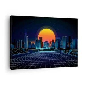 Schilderen op canvas - Futuristische skyline in neonstijl - 70x50cm - Wil je nog steeds naar het echte? - Moderne wanddecoratie voor woonkamer en slaapkamer ARTTOR