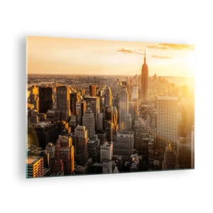 Schilderen op glas - De skyline van New York City bij zonsondergang - 70x50cm - Groeien in de zon - Moderne wanddecoratie voor woonkamer en slaapkamer ARTTOR