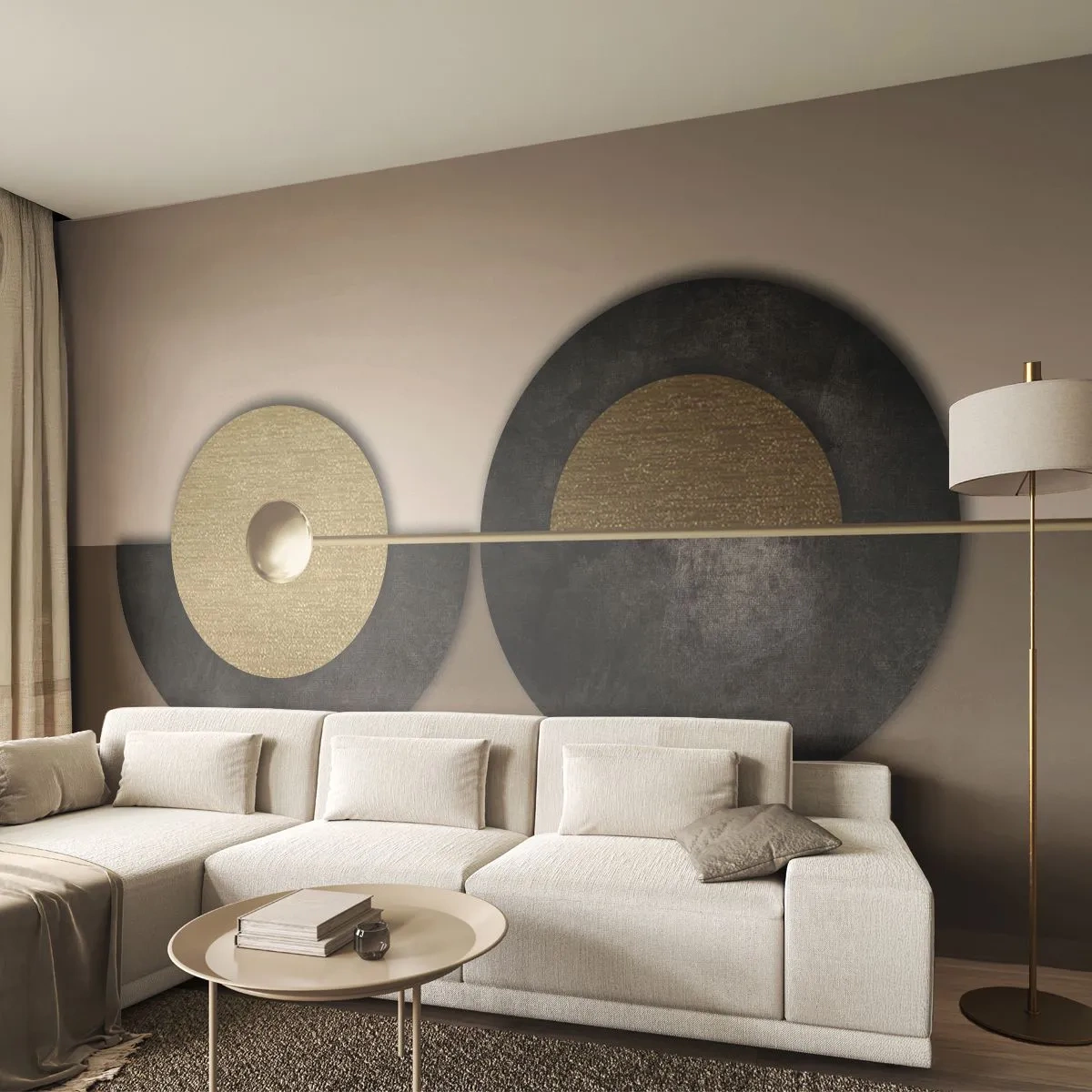 Fotobehang Premium Sand - Variaties rond de cirkel - Wielen, Abstractie, Art-deco - 400x280 cm