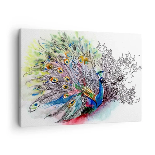 Schilderen op canvas - Een pauw in een kleurrijke aquarelstijl met abstracte veren - 70x50cm - Met trots tegen grijs - Moderne wanddecoratie voor woonkamer en slaapkamer ARTTOR