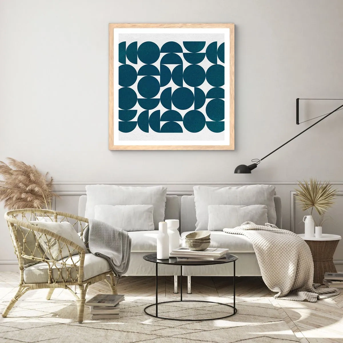 Een poster in een licht eiken lijst - Cirkels en halfcirkels - 60x60 cm