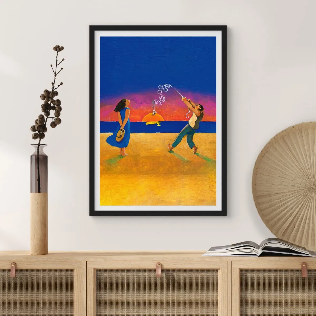 Poster in een zwarte lijst - Figuren op het strand tijdens zonsondergang - 50x70cm - Meer dan een sterretje uit de lucht - Moderne wanddecoratie voor woonkamer en slaapkamer ARTTOR