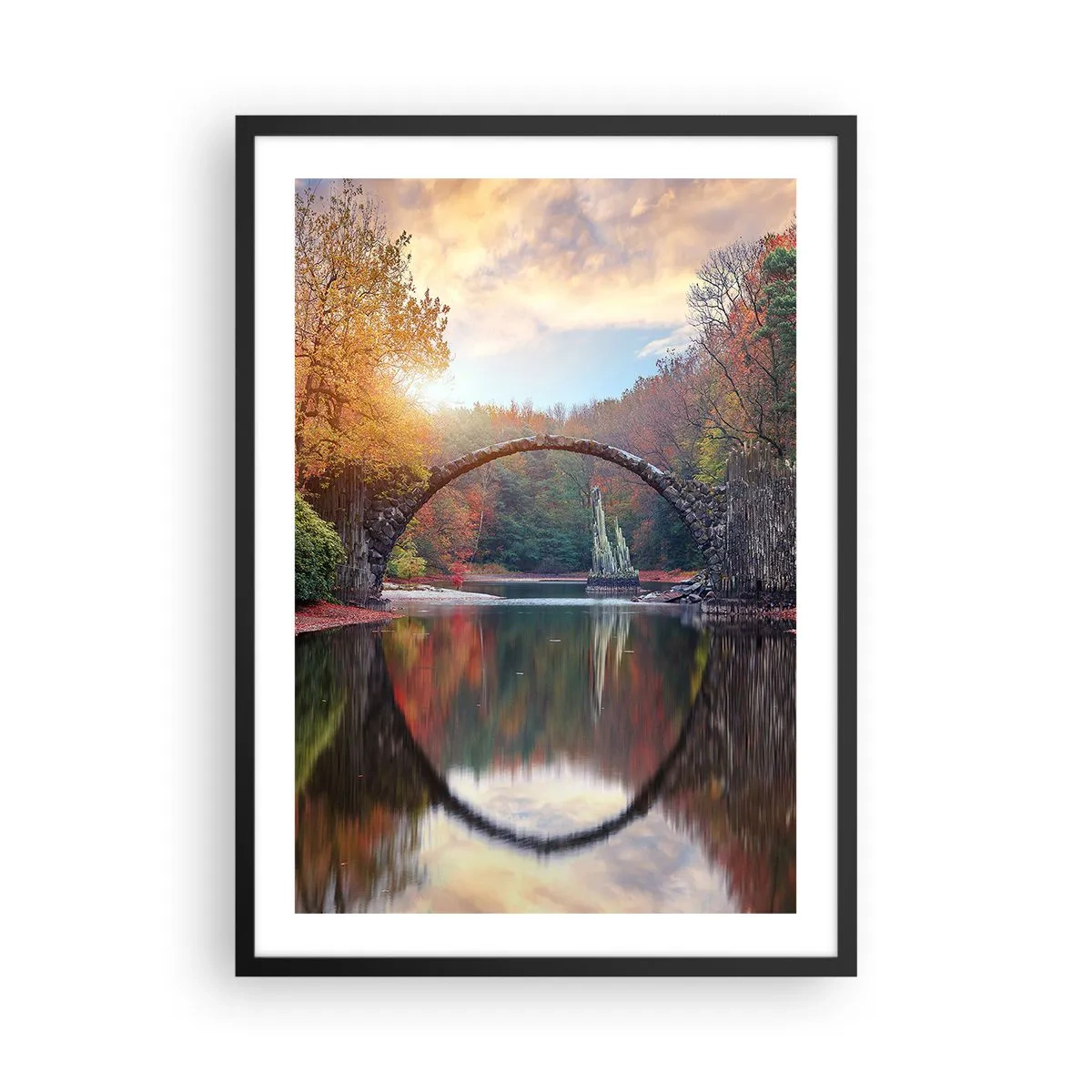 Poster in een zwarte lijst - Een stenen brug over een meer in een herfstlandschap - 50x70cm - Aan de andere kant van de spiegel - Moderne wanddecoratie voor woonkamer en slaapkamer ARTTOR