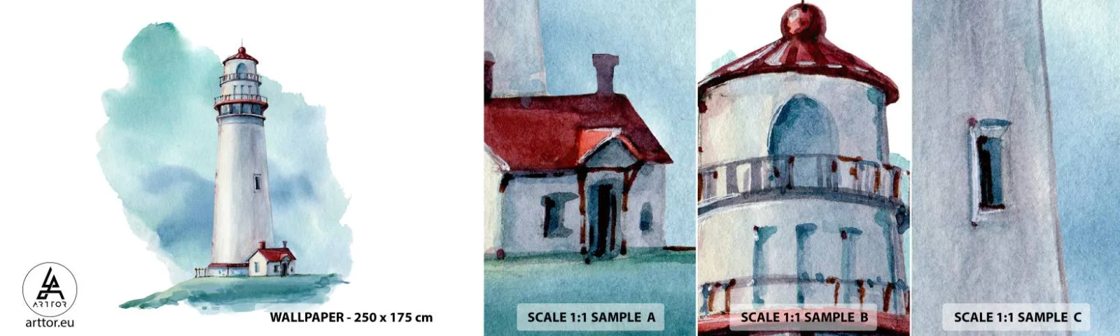 Fotobehang Monster Zelfklevend Deluxe Sticker - Blue's zachtaardige zus - Vuurtoren, Kust, Tekening - 100x30 cm