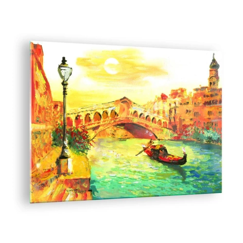 Schilderen op glas - Kanaal met gondel en brug in de stralen van de ondergaande zon - 70x50cm - Een pelgrimstocht van geliefden - Moderne wanddecoratie voor woonkamer en slaapkamer ARTTOR