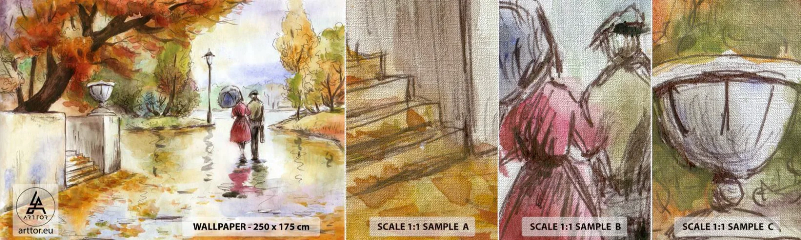 Fotobehang Monster Premium Canvas - Romantische herfst in het park - Stad, Mensen, Verliefd stel - 100x30 cm