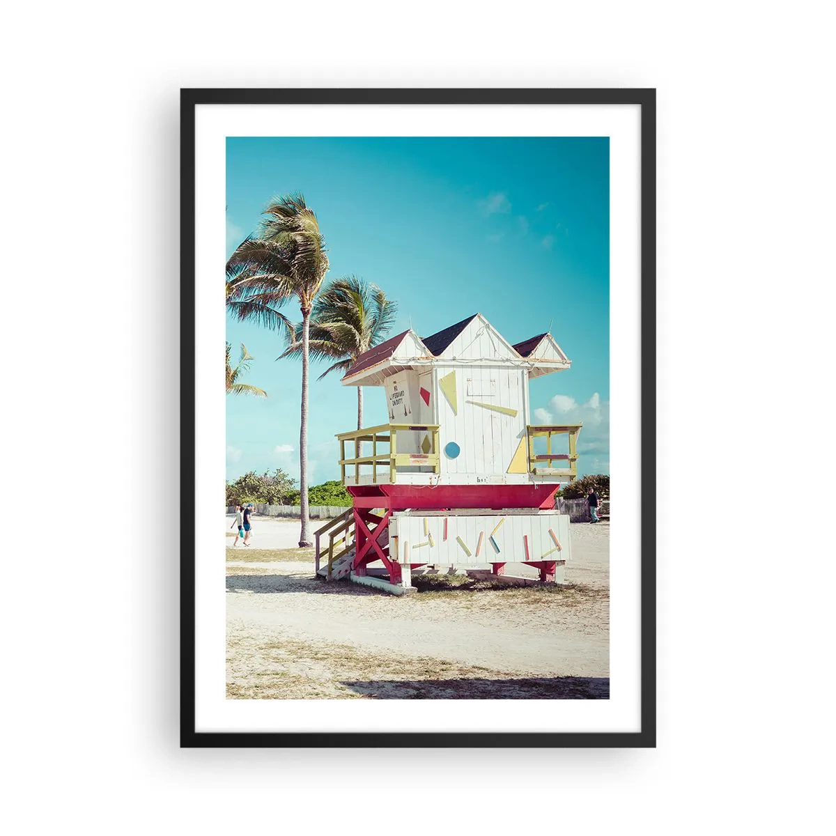 Poster in een zwarte lijst - Een kleurrijke strandwachtpost op een strand met palmbomen en een blauwe lucht - 50x70cm - Je hebt een mooie dag voor de boeg - Moderne wanddecoratie voor woonkamer en slaapkamer ARTTOR