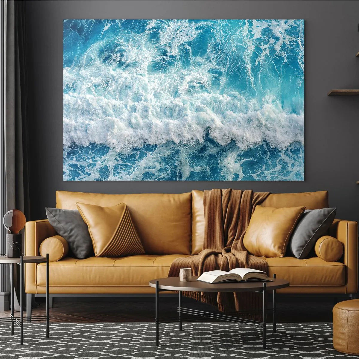 Schilderen op glas - Blauwe golven die op de kust beuken - 70x50cm - Vrolijk en springend - Moderne wanddecoratie voor woonkamer en slaapkamer ARTTOR