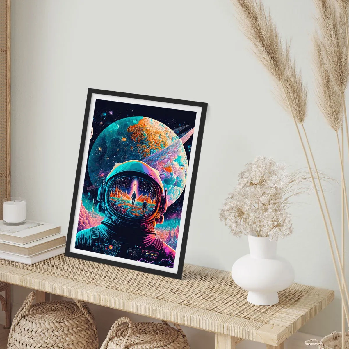 Poster in een zwarte lijst - Astronaut tegen de achtergrond van een kosmisch landschap - 50x70cm - Filosofen hebben er niet van gedroomd - Moderne wanddecoratie voor woonkamer en slaapkamer ARTTOR