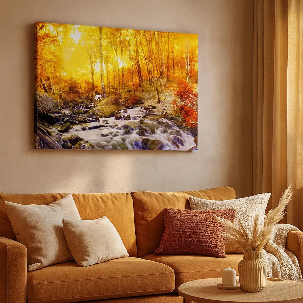 Schilderen op canvas - Herfstbos met een beekje tussen gouden bladeren - 70x50cm - Stenen gezet in goud en platina - Moderne wanddecoratie voor woonkamer en slaapkamer ARTTOR