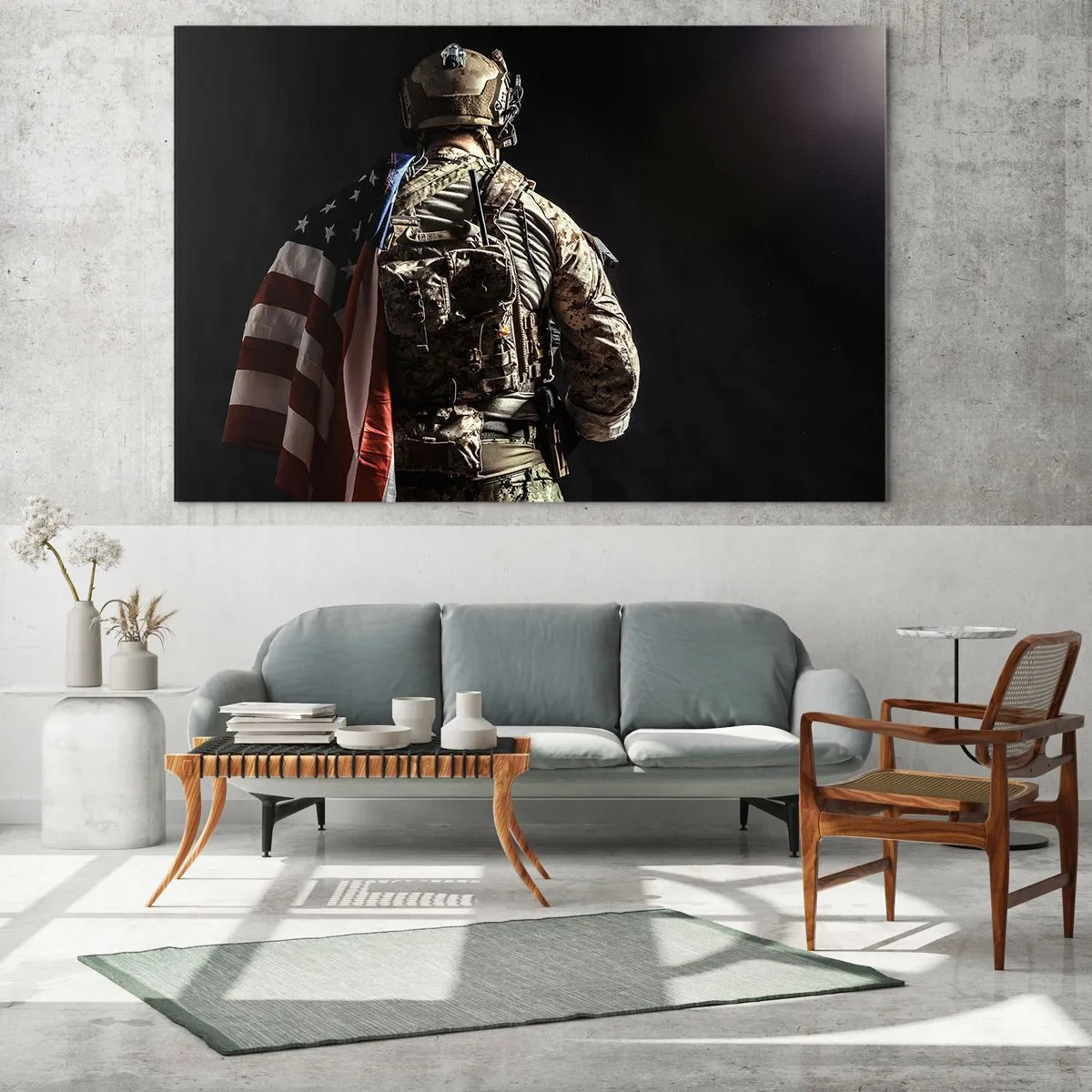Schilderen op glas - Een soldaat met een Amerikaanse vlag tegen een donkere achtergrond - 70x50cm - Dat is waarom - Moderne wanddecoratie voor woonkamer en slaapkamer ARTTOR