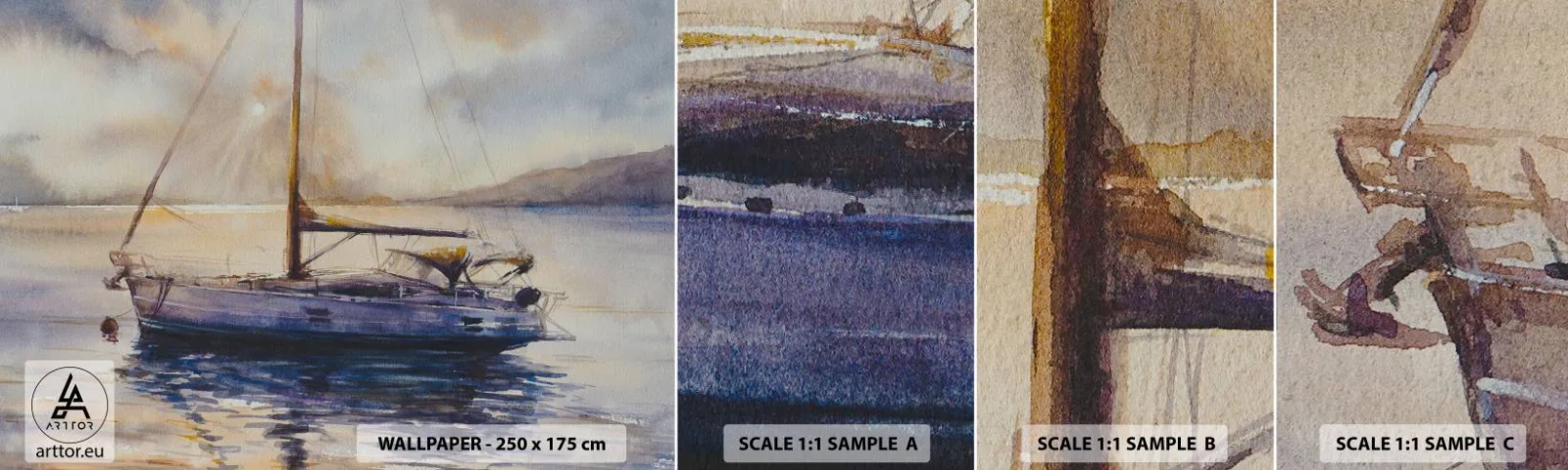 Fotobehang Monster Zelfklevend Deluxe Sticker - Avond aan de baai - Zeilboot, Vissen, Kust - 100x30 cm