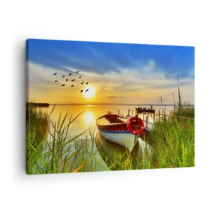 Schilderen op canvas - Een boot aan de oever van een meer bij zonsondergang - 70x50cm - De aalscholvers vliegen al weg - Moderne wanddecoratie voor woonkamer en slaapkamer ARTTOR