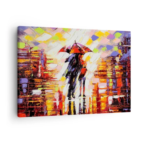 Schilderen op canvas - Een abstract tafereel van een wandeling onder een paraplu op een regenachtige avond. - 70x50cm - Samen door de nacht en regen - Moderne wanddecoratie voor woonkamer en slaapkamer ARTTOR