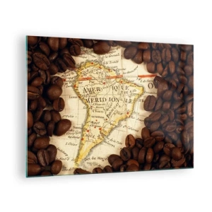 Schilderen op glas - Een kaart van Zuid-Amerika, omringd door koffiebonen. - 70x50cm - Waar komt de beste koffie vandaan? - Moderne wanddecoratie voor woonkamer en slaapkamer ARTTOR