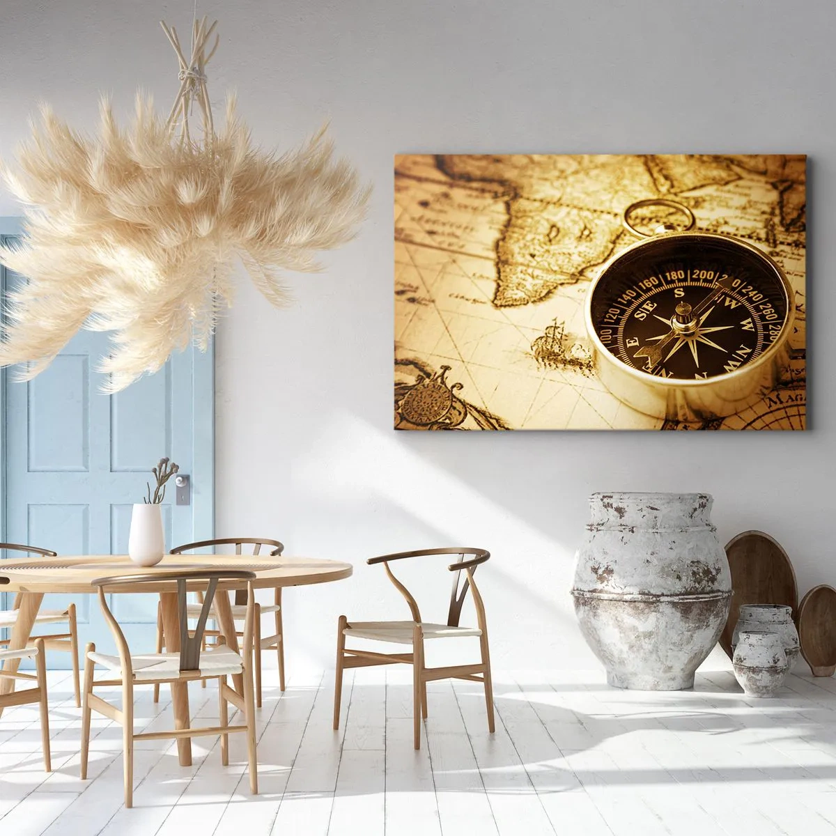 Schilderen op canvas - Een antiek kompas tegen de achtergrond van een oude wereldkaart - 70x50cm - Oost of west? - Moderne wanddecoratie voor woonkamer en slaapkamer ARTTOR