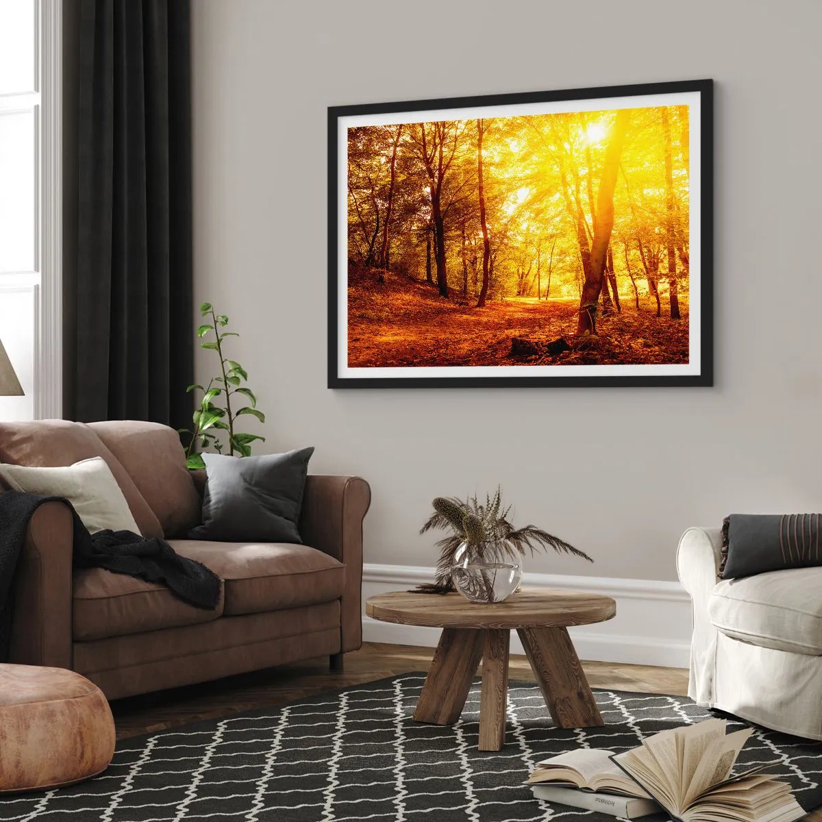 Poster in een zwarte lijst - Op weg naar de gouden open plek - 70x50 cm
