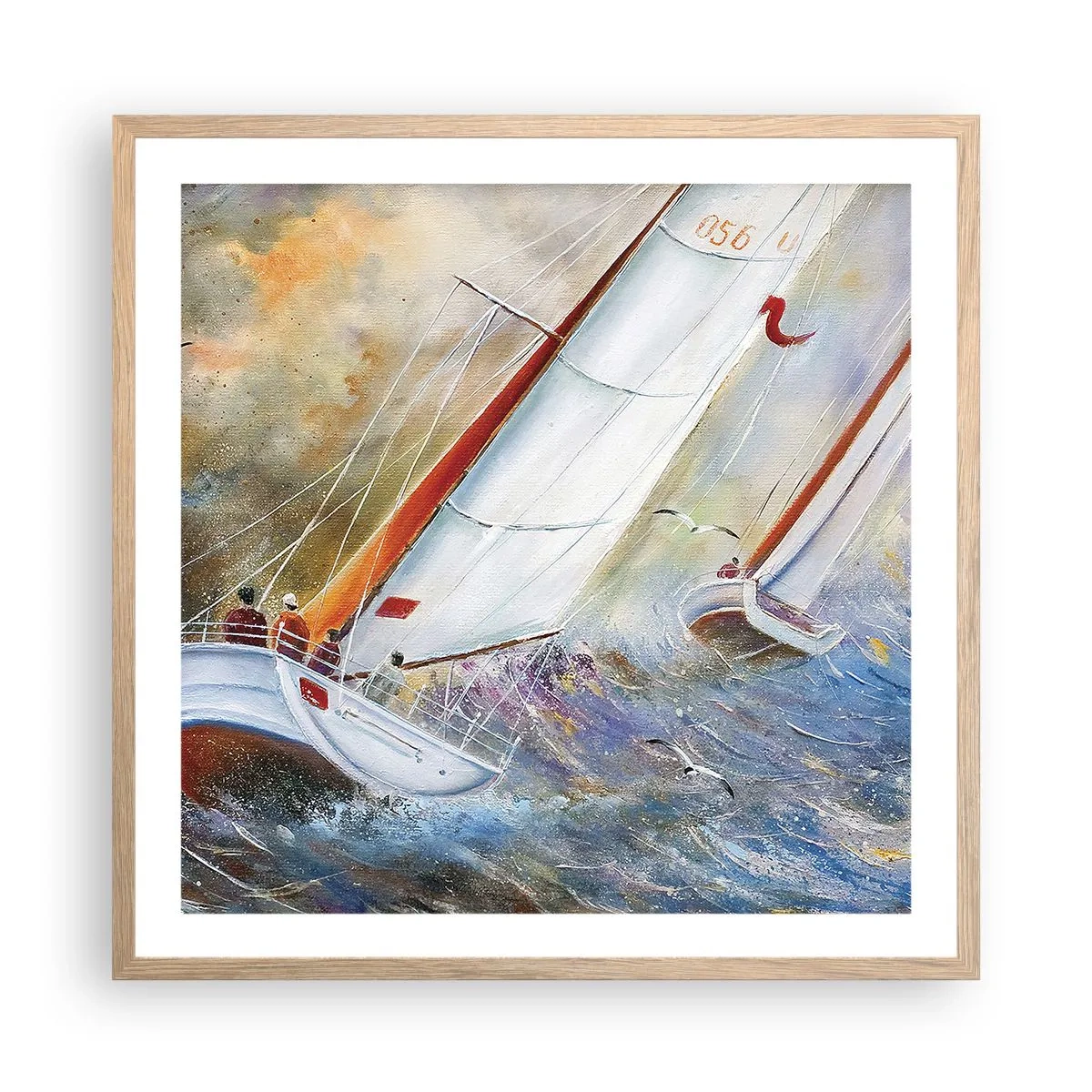 Een poster in een licht eiken lijst - Lopend op de golven  - 60x60 cm