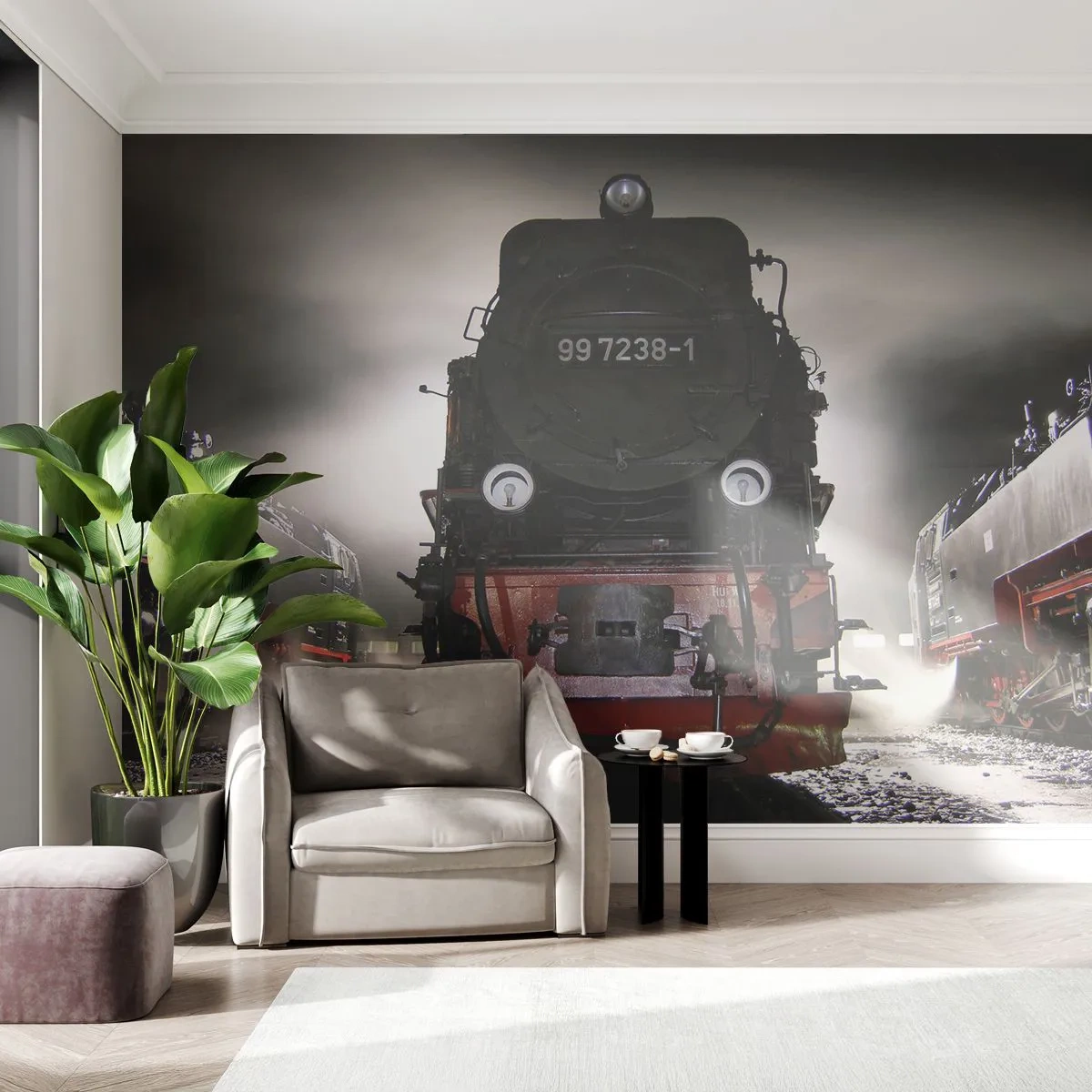 Zelfklevend Fotobehang Deluxe Sticker - Hij staat en hapt, hapt en blaast - Stoomlocomotief, Treinstation, Automobiel - 250x175 cm