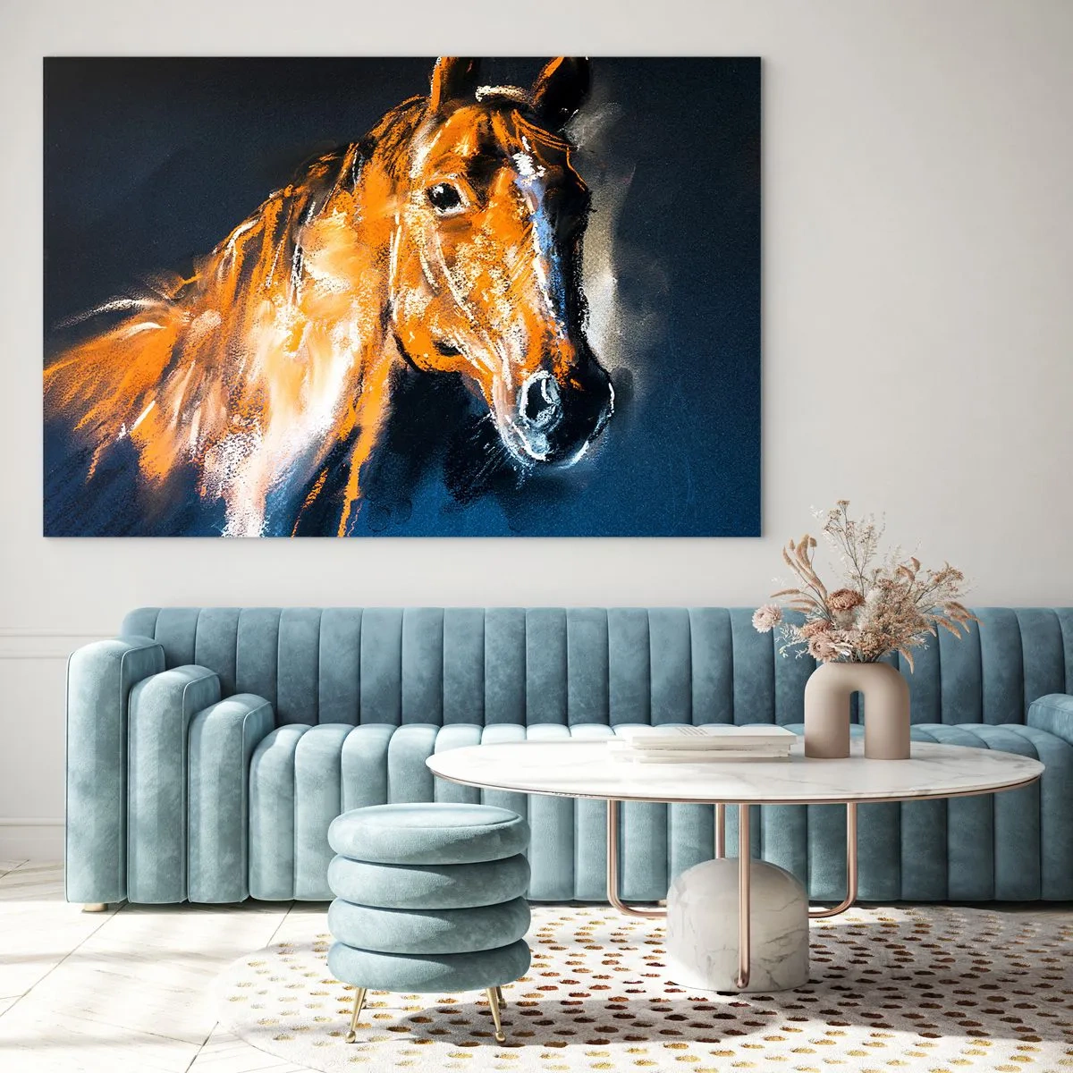 Schilderen op glas - Portret van een paard in intense bruintinten tegen een donkere achtergrond - 70x50cm - Dus wat, ga je? - Moderne wanddecoratie voor woonkamer en slaapkamer ARTTOR