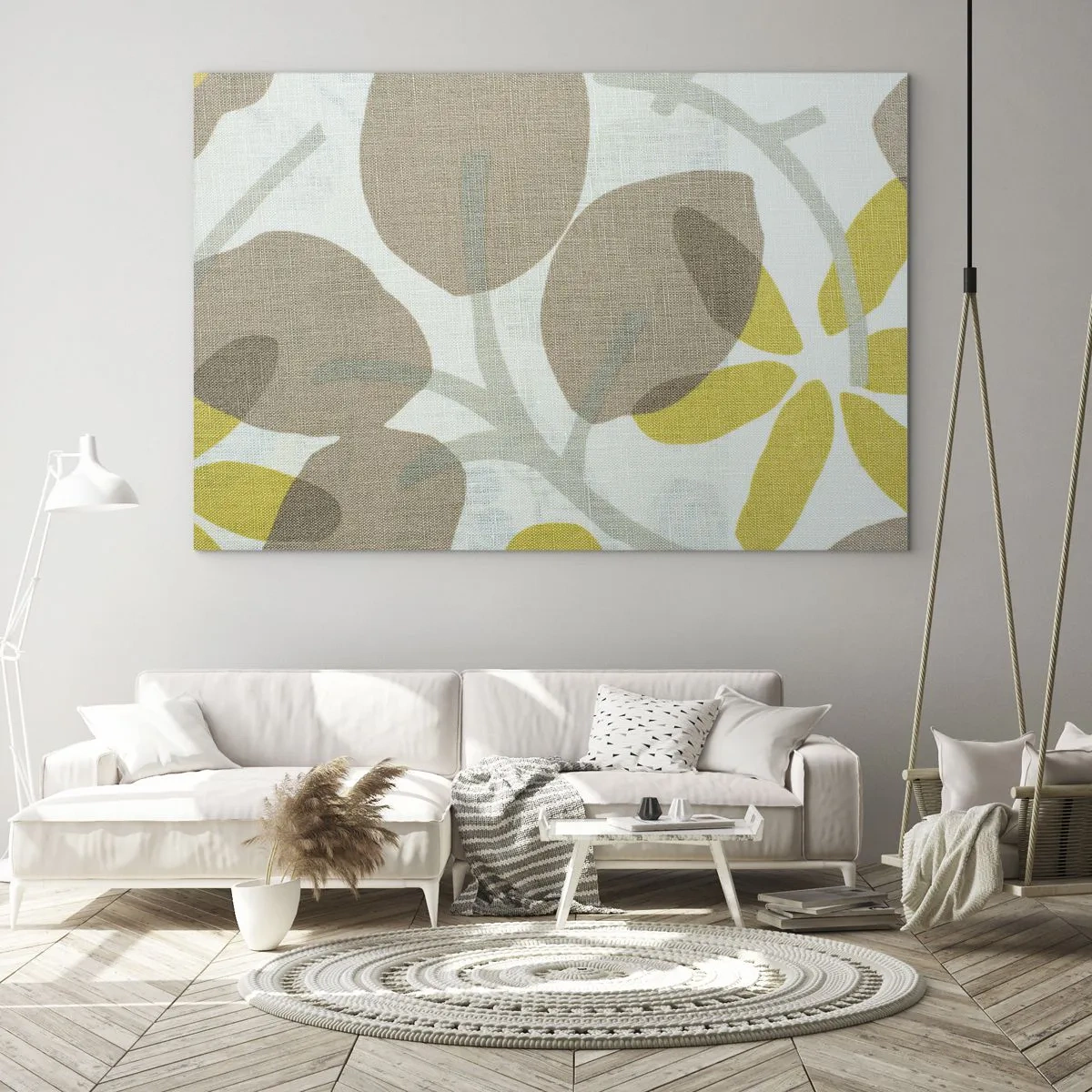 Schilderen op glas - Gestileerde bladeren en bloemen in pastelbeige en gele tinten - 70x50cm - Compositie in volle zon - Moderne wanddecoratie voor woonkamer en slaapkamer ARTTOR