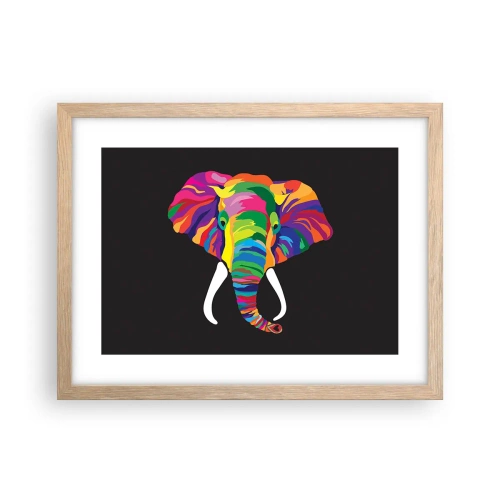 Een poster in een licht eiken lijst - De olifant die ervan hield om in de regenboog te baden - 40x30 cm