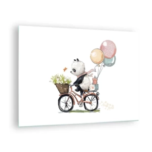 Schilderen op glas - Een panda op een fiets met ballonnen en een mand met bloemen. - 70x50cm - Vrolijke dag - Moderne wanddecoratie voor woonkamer en slaapkamer ARTTOR