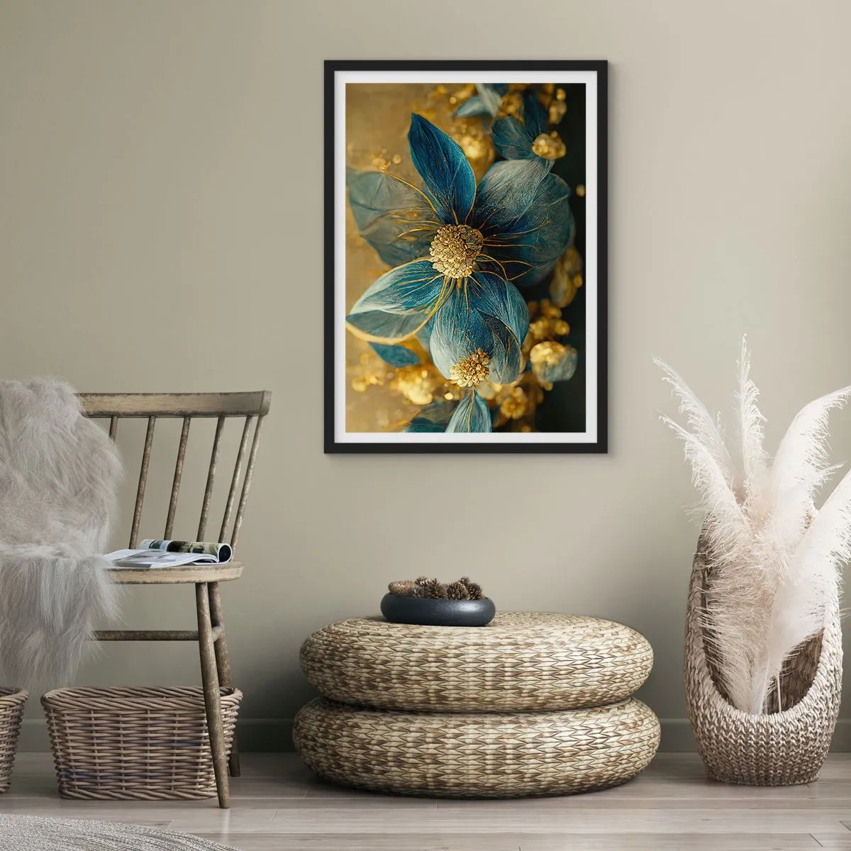 Poster in een zwarte lijst - Bloei met goud - 70x100 cm