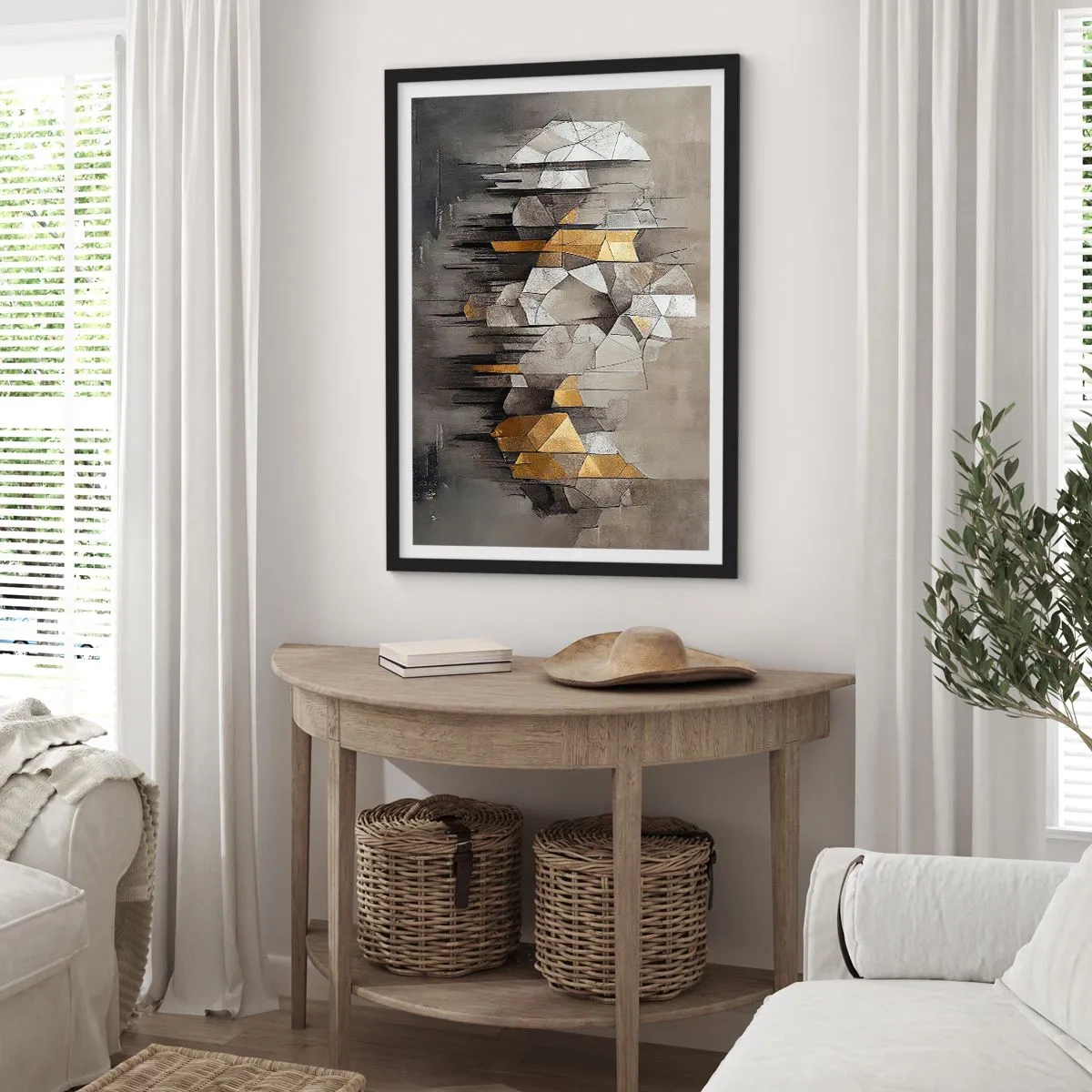 Poster in een zwarte lijst - Geometrische abstractie in tinten grijs en goud - 50x70cm - Compositie van ijs en licht - Moderne wanddecoratie voor woonkamer en slaapkamer ARTTOR