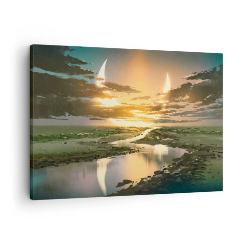 Schilderen op canvas - Een fantastisch landschap met twee manen aan de horizon - 70x50cm - Ergens in een sterrenstelsel ver, ver weg - Moderne wanddecoratie voor woonkamer en slaapkamer ARTTOR