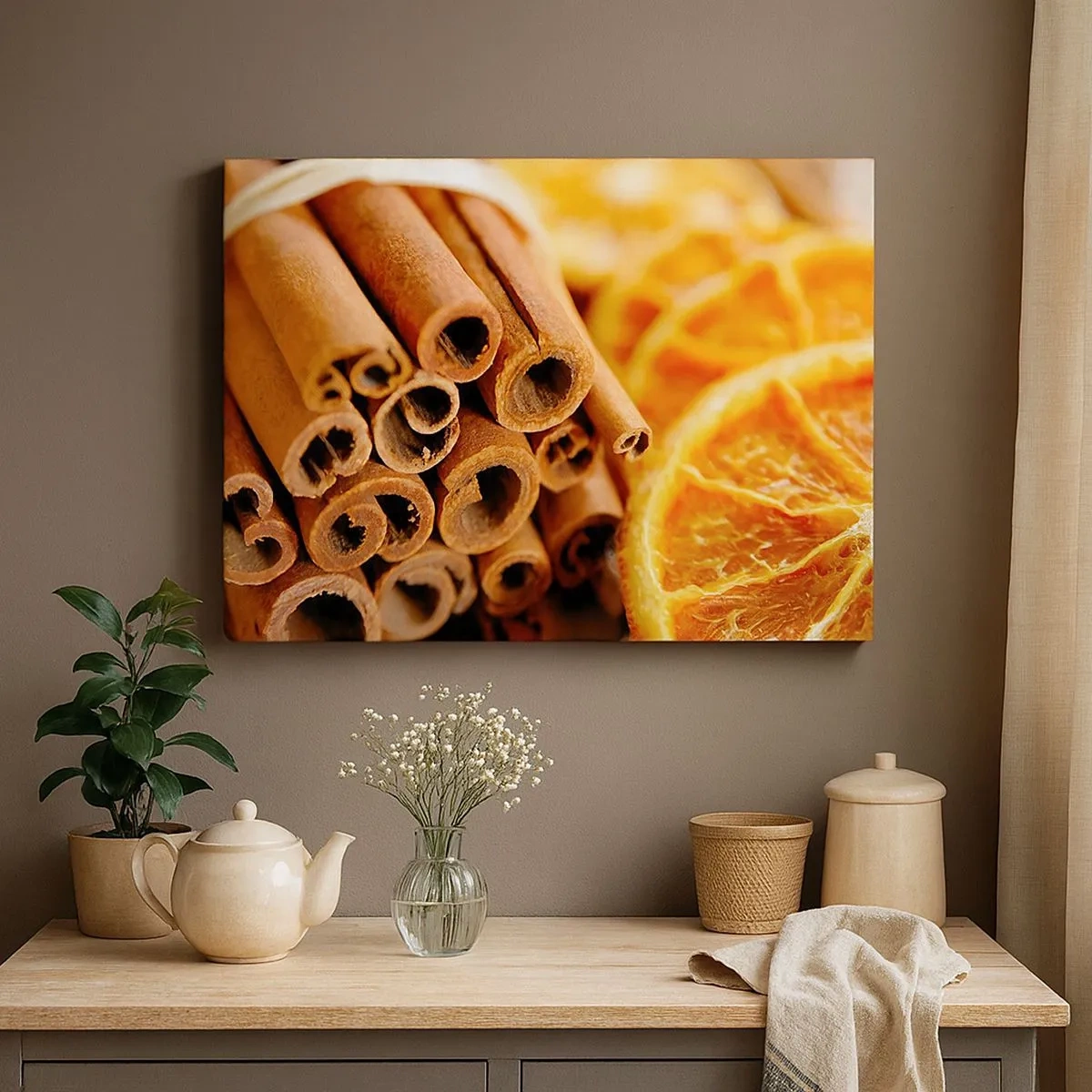 Schilderen op canvas - Kaneelstokjes met gedroogde sinaasappelschijfjes in warme kleuren - 70x50cm - Kun je hun geur ruiken? - Moderne wanddecoratie voor woonkamer en slaapkamer ARTTOR