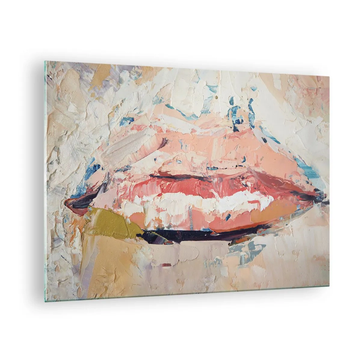 Schilderen op glas - Abstract beeld van lippen in een expressieve schildertechniek - 70x50cm - Het wekt de zintuigen - Moderne wanddecoratie voor woonkamer en slaapkamer ARTTOR