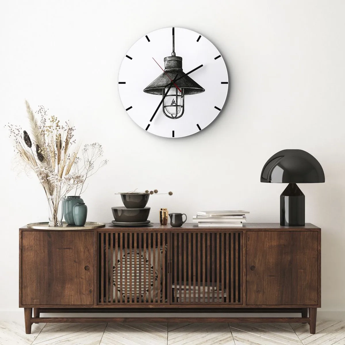 Wandklok - Klok - Zwarte industriële hanglamp op een witte achtergrond - 30x30cm - Zoals jaren geleden… - Moderne wanddecoratie voor woonkamer, keuken en slaapkamer ARTTOR